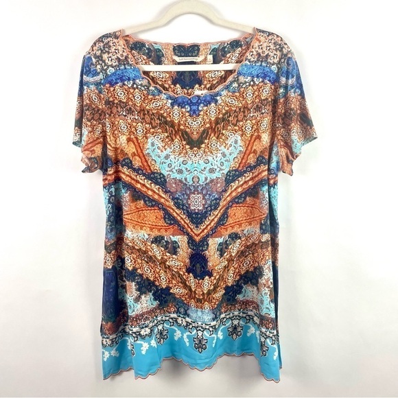 Soft Surroundings NWT Sharron Short Sleeve Tunic Papaya Blue Paisley Print Large - Picture 1 of 12